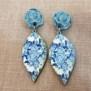 Wooden Blue floral Earrings