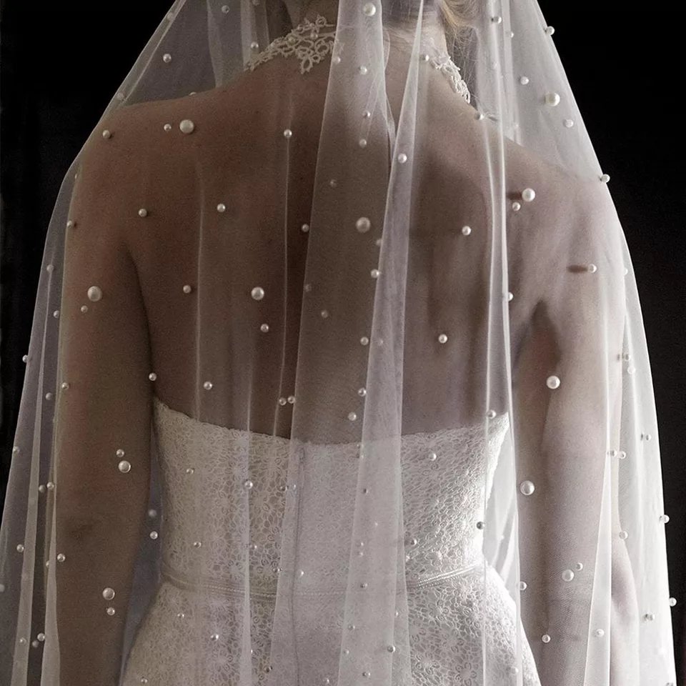Chapel Length Pearl Beaded Veil - One Tier - Image 3