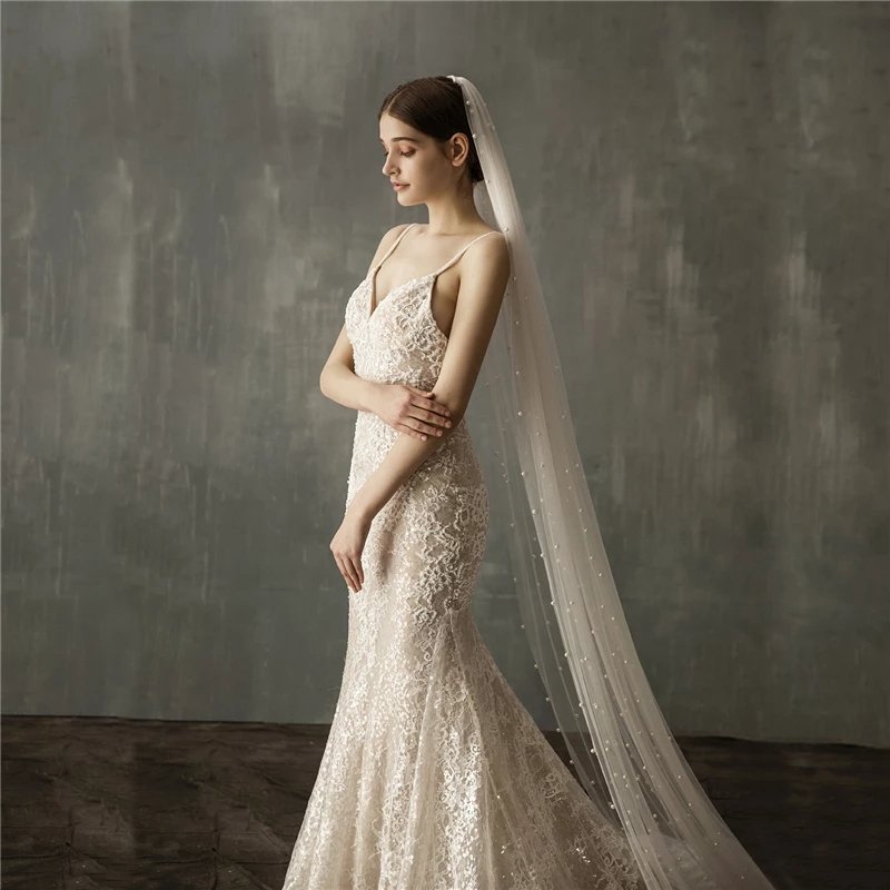 Chapel Length Pearl Beaded Veil - One Tier - Image 4