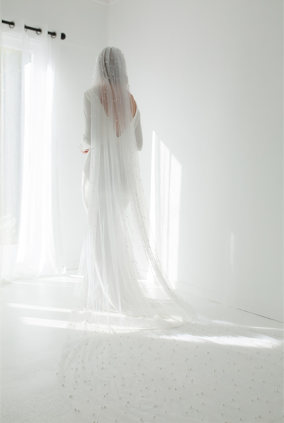 Cathedral Length Pearl Beaded Veil - Two Tier - Image 4