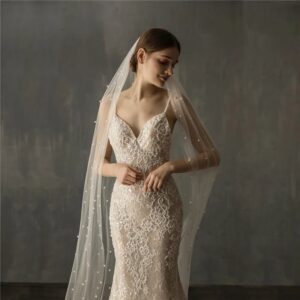 Chapel Length Pearl Beaded Veil - One Tier
