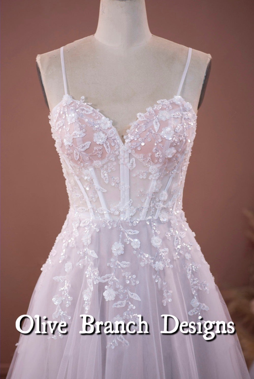 Ethereal Corset Straps Sequined Flower Lace Wedding Dress - Image 2