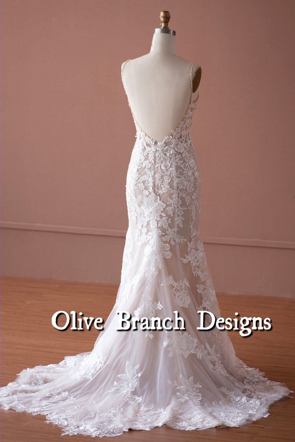 Thin Straps Flower Lace Wedding Dress with Cutout Train - Image 2