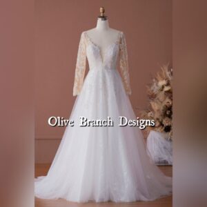 Leaf Lace Plunging Tulle Illusion Sleeved Wedding Dress