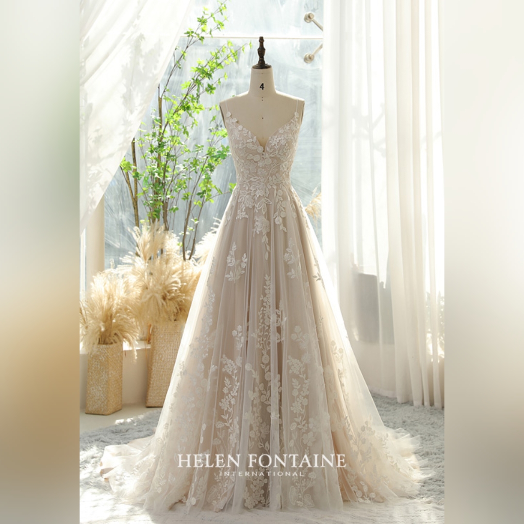UNIQUE FLORAL A-LINE BRIDAL DRESS WITH SEQUINED LACE