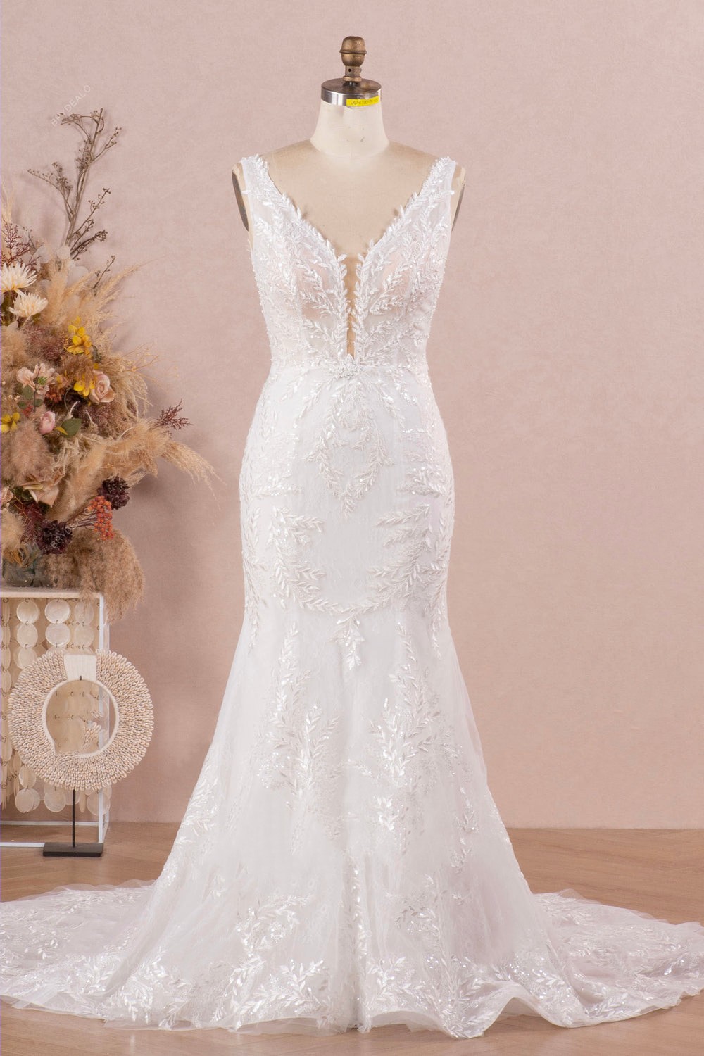 Plunging Neck Lace Sleeveless Mermaid Wedding Gown - Image 2
