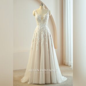 BEADED 3D LACE WEDDING GOWN WITH SLIT ON THE SKIRT