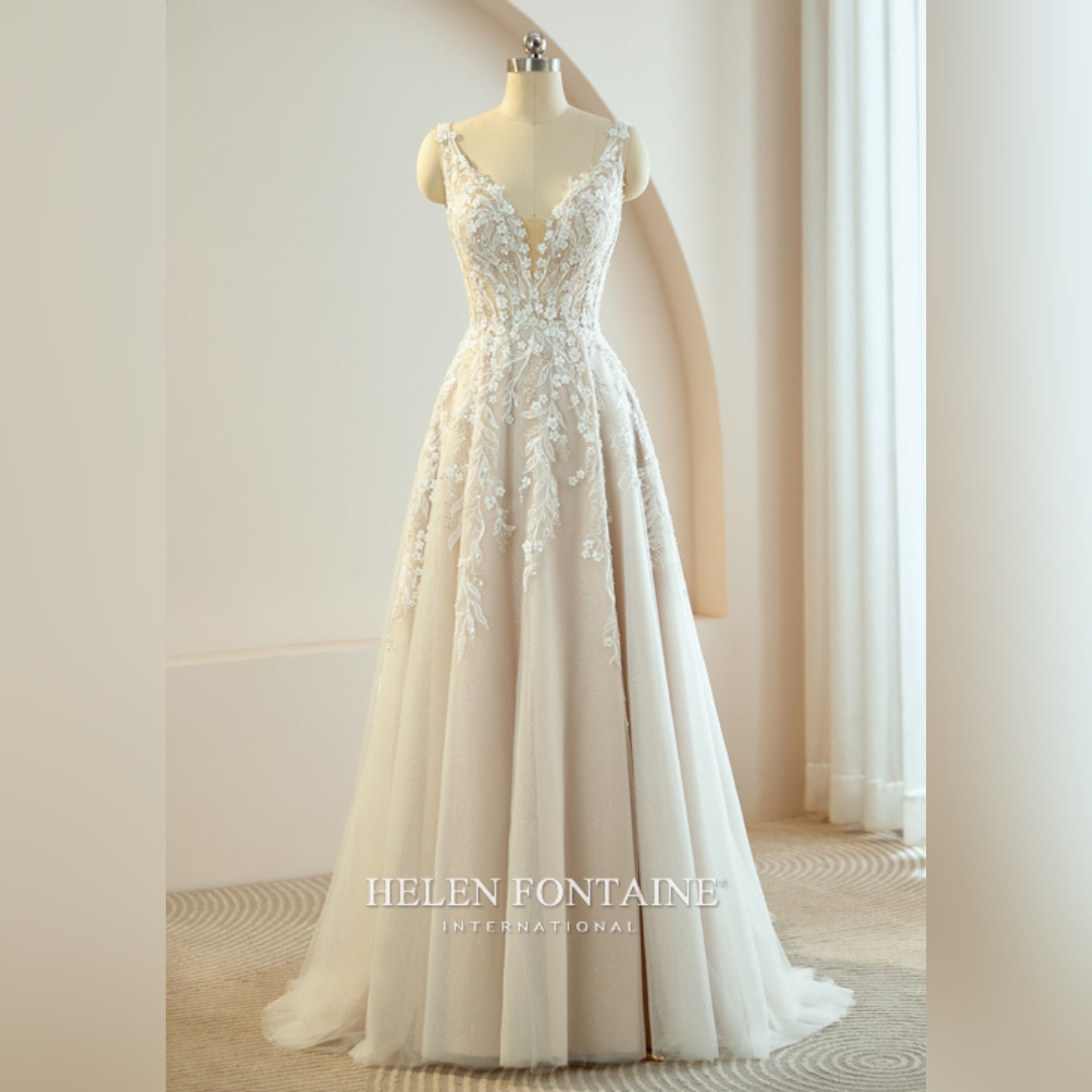 BEADED 3D LACE WEDDING GOWN WITH SLIT ON THE SKIRT