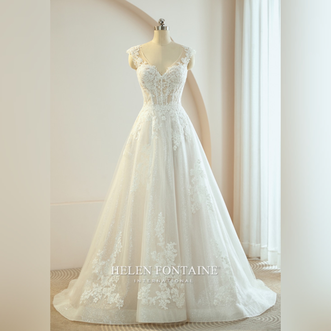 BEADED LACE AND GLITTER TULLE WEDDING GOWN