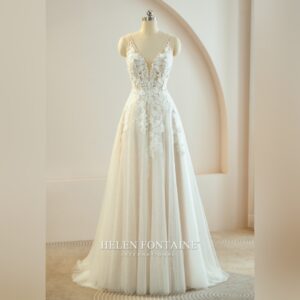 A-LINE WEDDING GOWN WITH 3D BEADED LACE AND BEADED NECKLINE