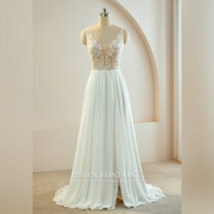 CHIFFON BRIDAL DRESS WITH BEADED LACE TOP AND SLIT ON THE SKIRT
