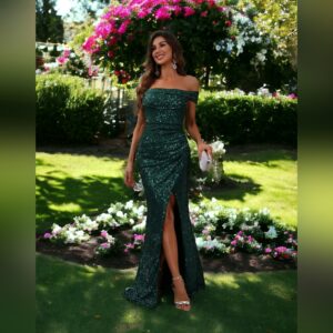 Green Off Shoulder Sequins Dress