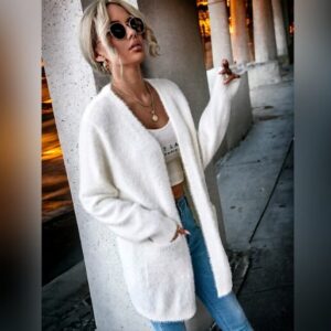 Pocket Fuzzy Cardigan - White