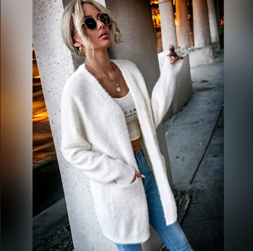 Pocket Fuzzy Cardigan - White