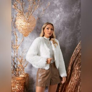Open Front Fuzzy Coat - White