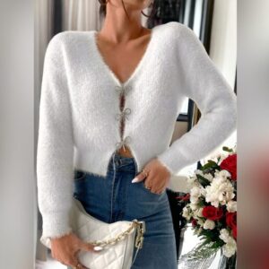 Rhinestone Bow Cardigan - White