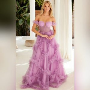 Sheer-Waist Off-Shoulder Long Ball Gown