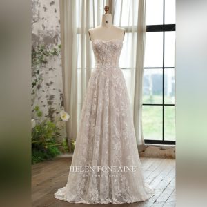 LACE WEDDING GOWN WITH BEADED BODICE AND PUFFY SLEEVES