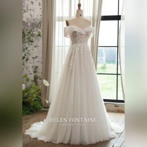 OFF-THE-SHOULDER WEDDING DRESS WITH BEADED LACE AND GLITTER