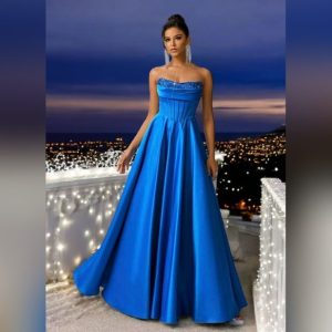 Dark Blue Sequin Stitching, Bright Satin Dress