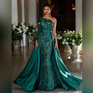 Dark Green Asymmetrical Neck Long-Sleeved Sequin Floral Stitching Satin Dress