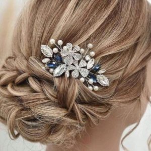 Silver Floral Rhinestone Hair Comb with blue Rhinestone