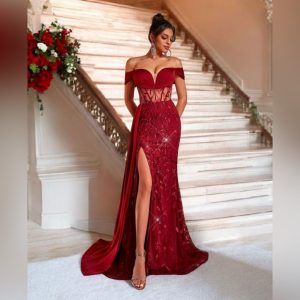 Off Shoulder Embroidered Sequin High Slit Fishtail Dress