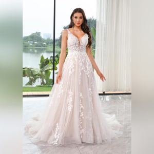 A-Line Leaf Lace Wedding dress with sparkly tulle
