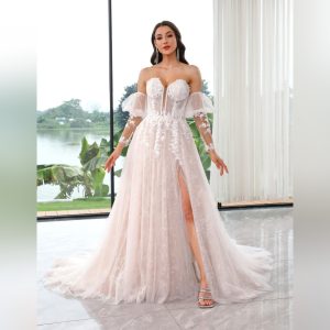 Corset A-Line Sparkly Tulle Dress with Detachable Sleeves