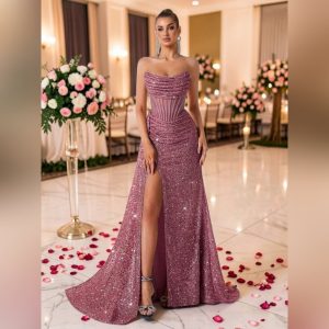 Dusty Pink Off shoulder sequins Formal Dress