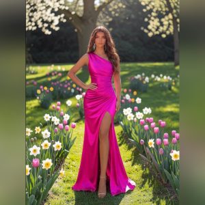 Pink Satin one shoulder Formal Dress