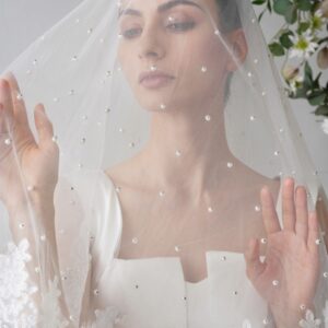 Fingertip Length Veil - Pearl & Lace Applique (Two-Tier)