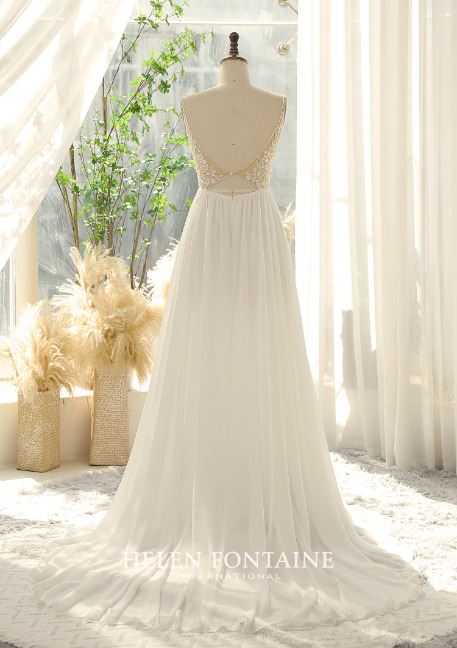 BOHO CHIFFON WEDDING DRESS WITH BEADED LACE BODICE - Image 3