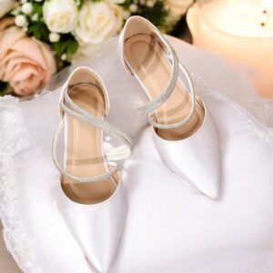 Bridal White Satin Rhinestone Strip Flats