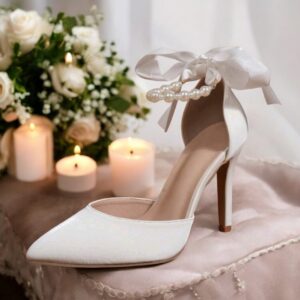 Bridal Pearl Ankle Strap Closed Toe - White
