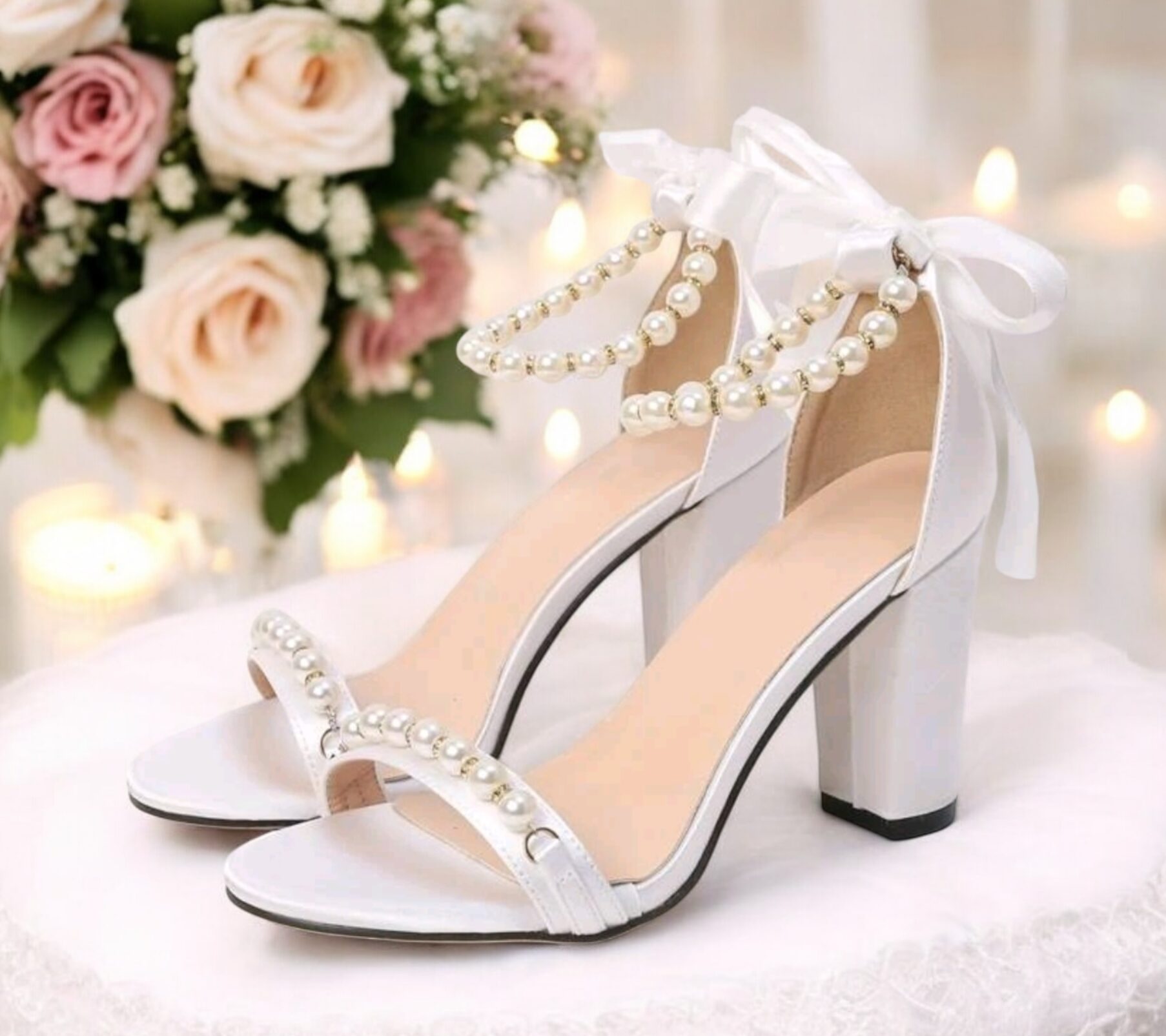 Bridal Satin Pearl Heel - White