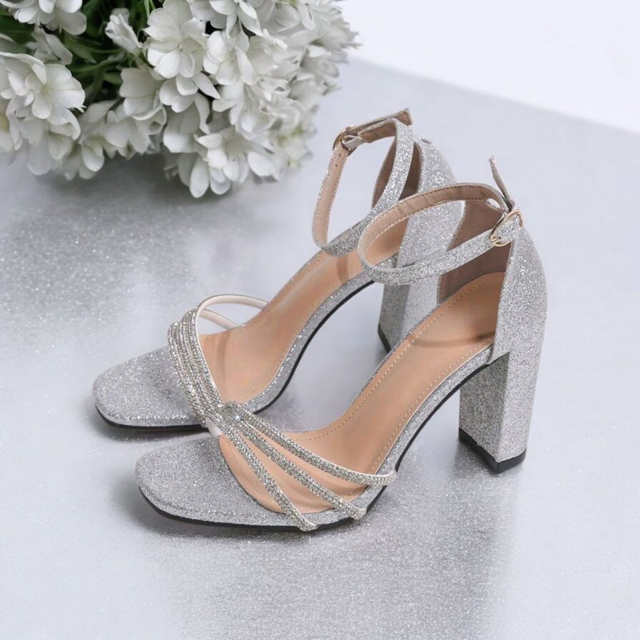 Silver Glitter Square toe Heel