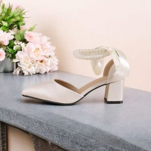 Champagne Bridal Closed toe pearl ankle strap heel