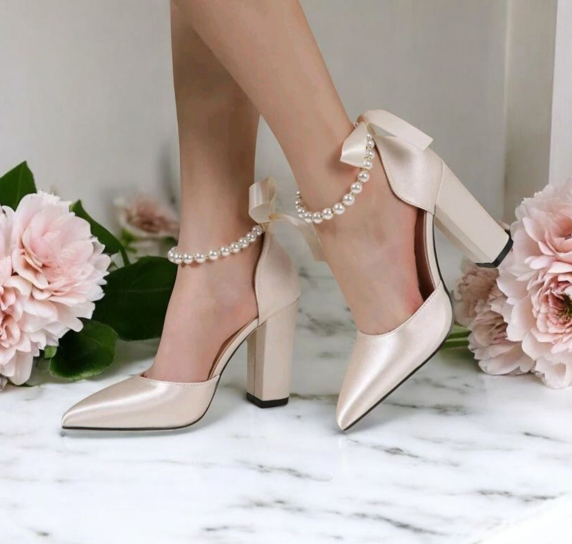 Beige Bridal Pearl decor satin closed Heel - Image 2